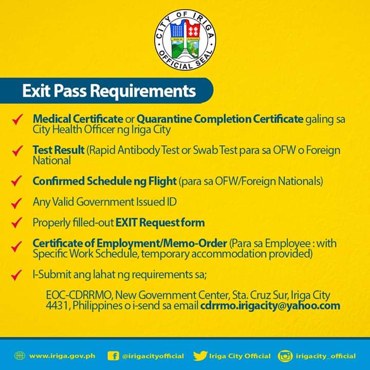 CityIriga's tweet photo. TINGNAN : Narito ang mga requirements na kailangan sa ENTRY PASS o pagpasok sa lungsod ng Iriga at EXIT PASS o lalabas sa ating lungsod. https://t.co/BGY0NU5zAL