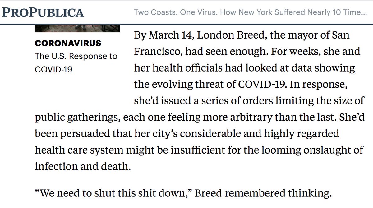 10/ Speaking of prep, terrific  @propublica piece  https://bit.ly/368Gjhj  explores why NY fared far worse than CA with Covid. The CA story highlights Mayor  @LondonBreed &  @SF_DPH head Grant Colfax’s no-BS response, an example of which is below.