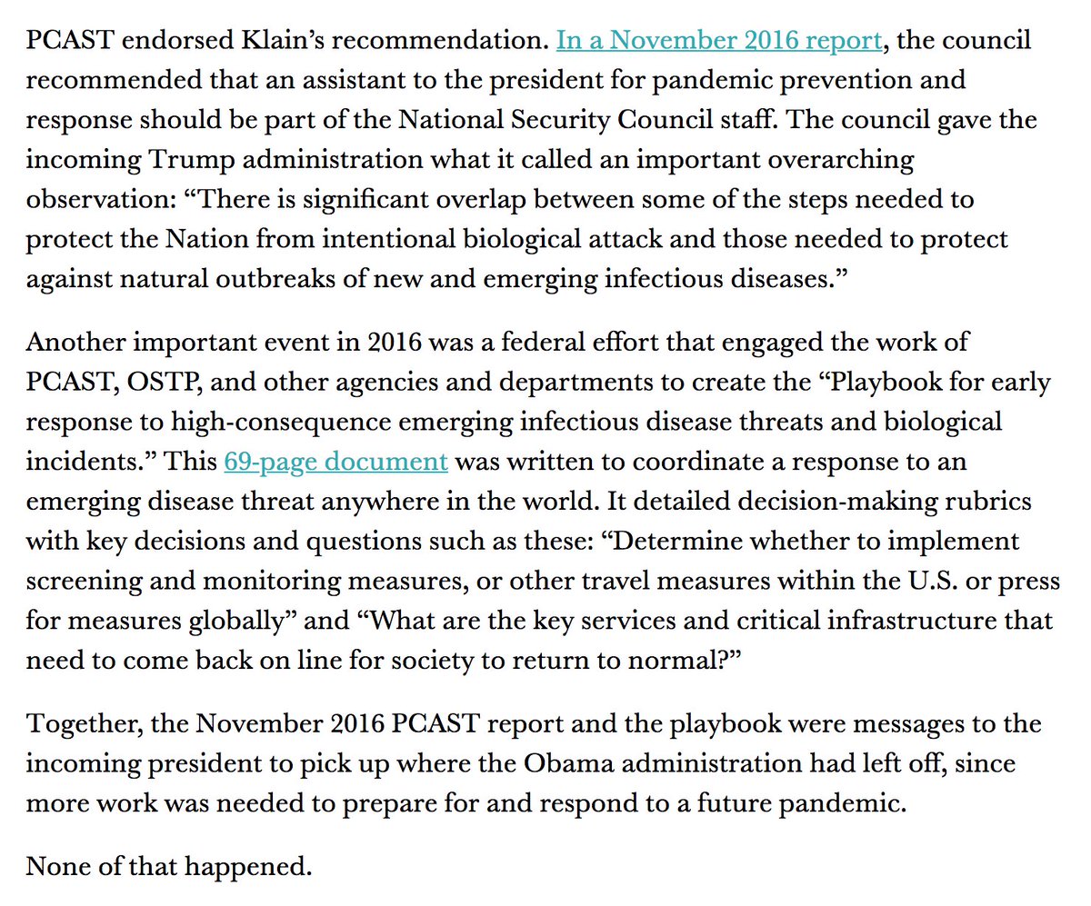 9/ Obama took the gloves off this weekend  https://nyti.ms/2zR3G2y  partly in response to the “Obamagate” silliness. History will show that the Obama administration took the threat of a pandemic seriously  https://bit.ly/2XbCELx . The preparation was largely tossed aside by Trump.