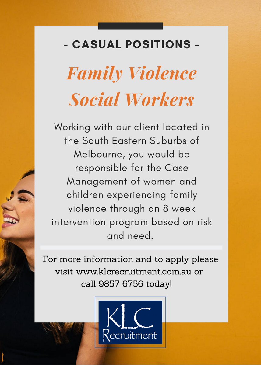 KLCrecruitment's tweet photo. Currently recruiting Family Violence Social Workers. If you or someone you know is looking for work in this field please get in contact today!
#Recruitment #FamilyViolence #SocialWorkers #KLCRecruitment https://t.co/yfGIW3vwnc
