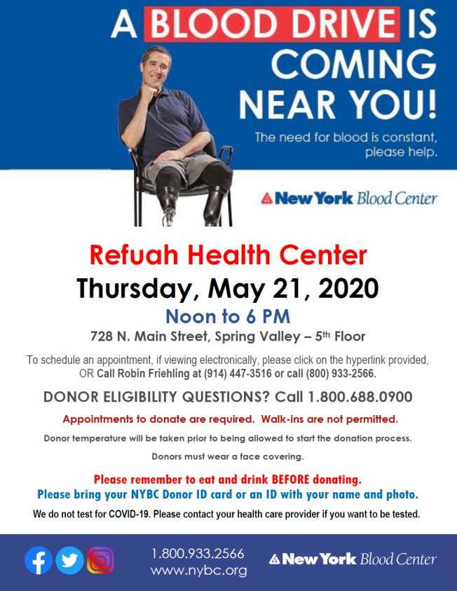 🚨There is a blood shortage! 🚨
<a href="/NYBloodCenter/">NY Blood Center</a> is coming to <a href="/RefuahHealth/">RefuahHealth</a> 728 N. Main Street Location. May 21st to sign up donate.nybc.org/donor/schedule…