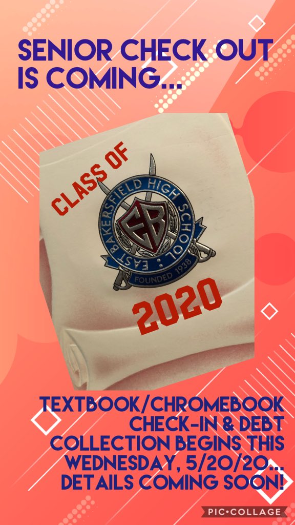 SENIOR CHECK OUT IS ON ITS WAY! Start gathering your textbooks, library books, and Chromebooks...Check out will begin this Wednesday, May 20. Details to follow! #EBClassof2020 #FAMILYSince1938