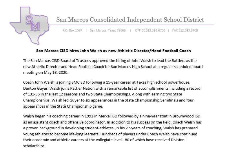 SanMarcosCISD's tweet photo. The San Marcos CISD Board of Trustees approved the hiring of John Walsh to lead the Rattlers as the new Athletic Director and Head Football Coach for San Marcos High School at a regular scheduled board meeting on May 18, 2020. #SanMarcosCISD https://t.co/MuNVshpdwp