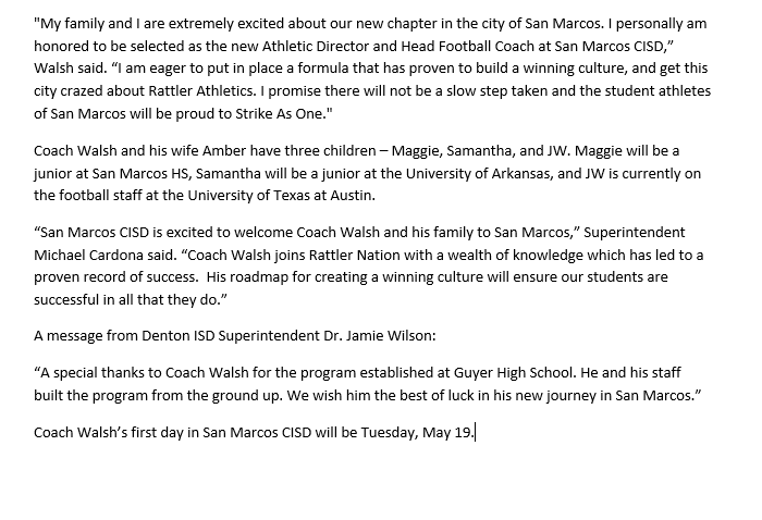 SanMarcosCISD's tweet photo. The San Marcos CISD Board of Trustees approved the hiring of John Walsh to lead the Rattlers as the new Athletic Director and Head Football Coach for San Marcos High School at a regular scheduled board meeting on May 18, 2020. #SanMarcosCISD https://t.co/MuNVshpdwp
