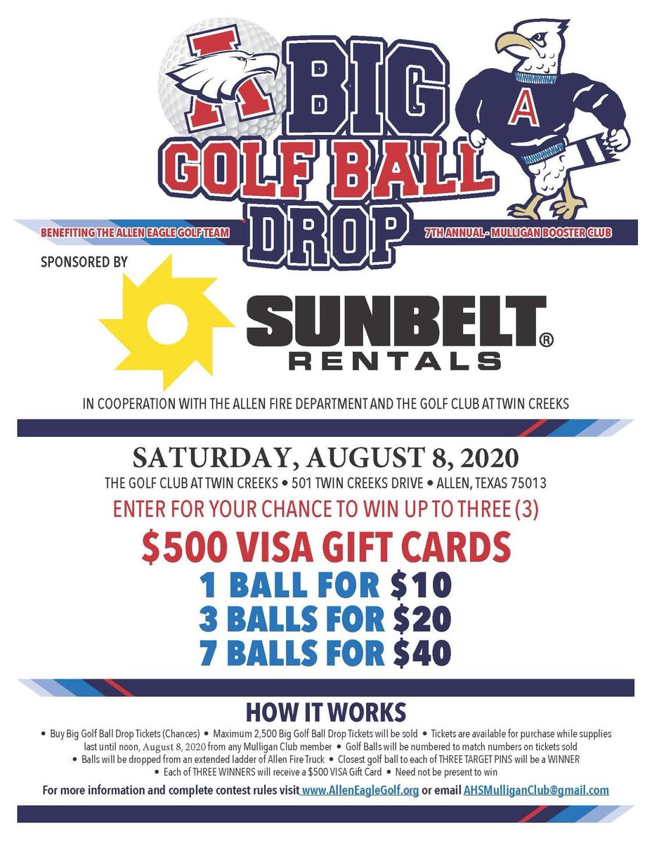 August 8, 2020 is the new date for the Big Golf Ball Drop &amp; Mulligan Club Classic golf tournament supporting the Allen Eagle Golf Program!  Contact an AHS golfer to get your tickets and a chance to win one of 3 $500 gift cards! 🅰️⬆️🦅⛳️