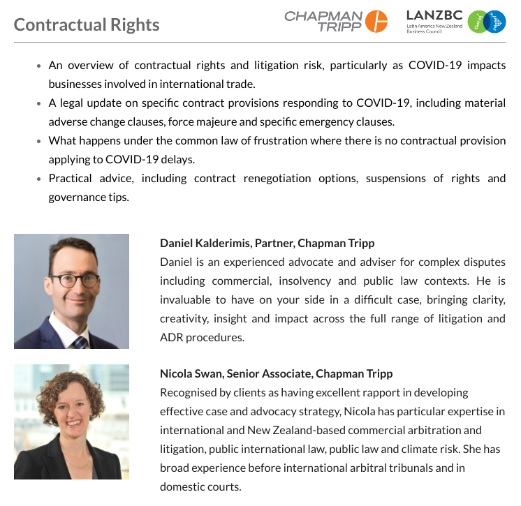 In our upcoming free webinar, senior members of the Chapman Tripp team will give an overview of contractual rights and litigation risk as #COVID19 impacts businesses in the international context. More info and registration: ow.ly/WIz950zJRoE
#Trade #Networking #LatinAmerica