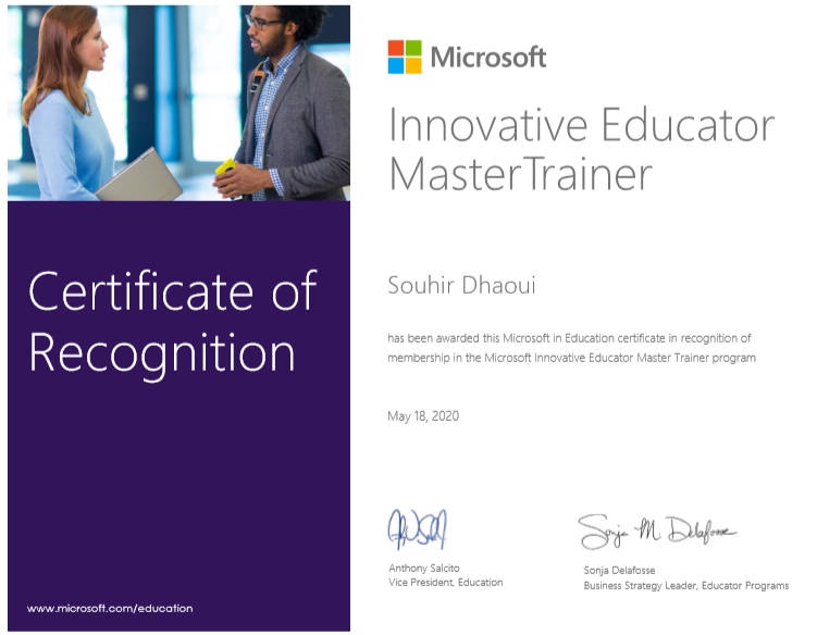Souhir_dh's tweet photo. Happy to earn my certificate of Master Trainer
#MicrosoftEDU
#MIEExpert
#MicrosoftMasterTrainer https://t.co/KBug8E3s8d