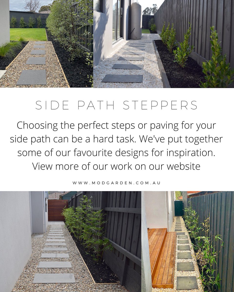 GardensModern's tweet photo. We’ve got some side path inspiration for you! We construct many of side pathways, our most common is a bluestone stepper with a pebbled surrounding in many different colours. Some clients prefer a simple paved or pebbled pathways with no steppers. Here are our favourite designs! https://t.co/USWbL7LDbg