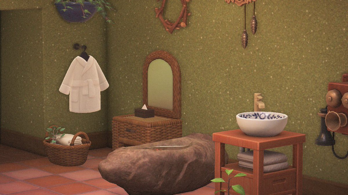 Kappnmytruelove's tweet photo. My current bathroom design 🌲🧺 #ACNH #ACNHDesign #AnimalCrossing https://t.co/gDrqe4FK3n