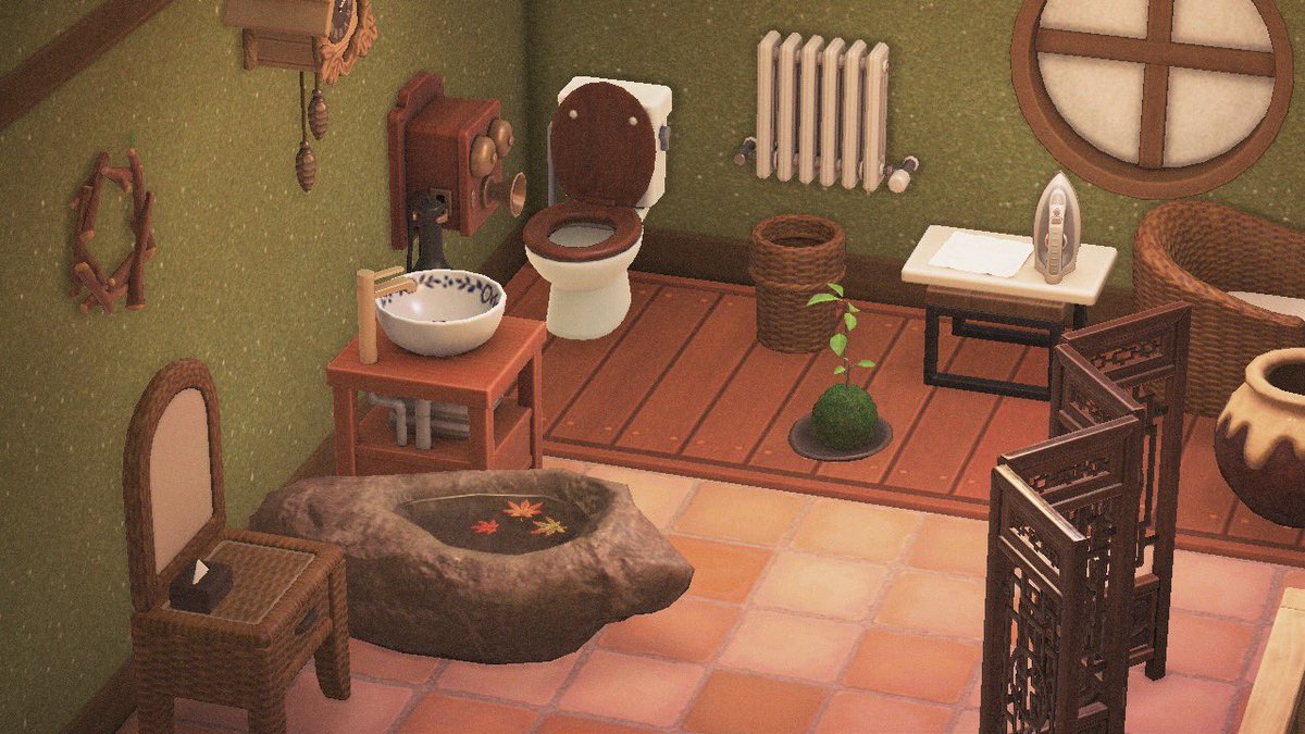 Kappnmytruelove's tweet photo. My current bathroom design 🌲🧺 #ACNH #ACNHDesign #AnimalCrossing https://t.co/gDrqe4FK3n