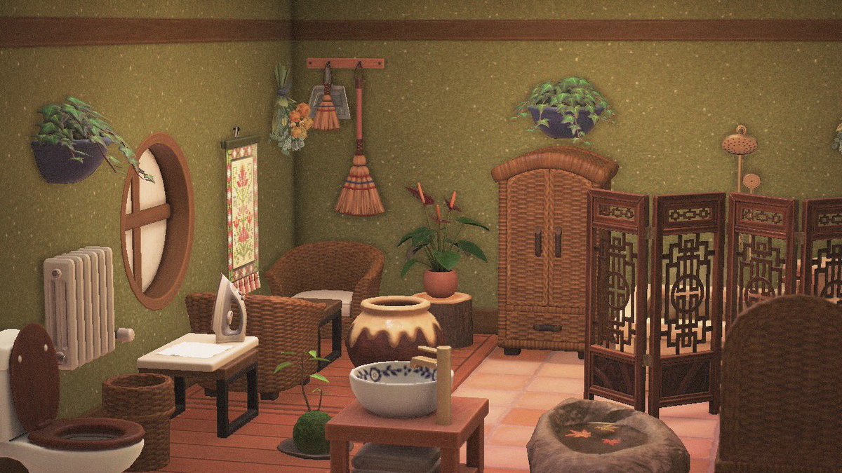 Kappnmytruelove's tweet photo. My current bathroom design 🌲🧺 #ACNH #ACNHDesign #AnimalCrossing https://t.co/gDrqe4FK3n