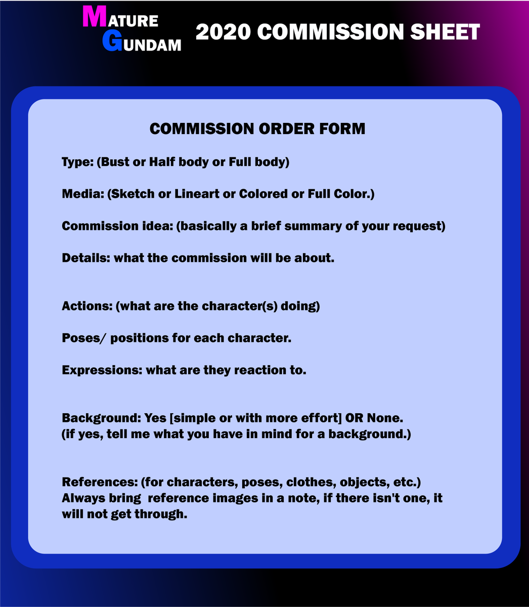 MatureGundam's tweet photo. Here we go, the Commissions Price Sheet and Order Form! https://t.co/ukZNm8EzZG