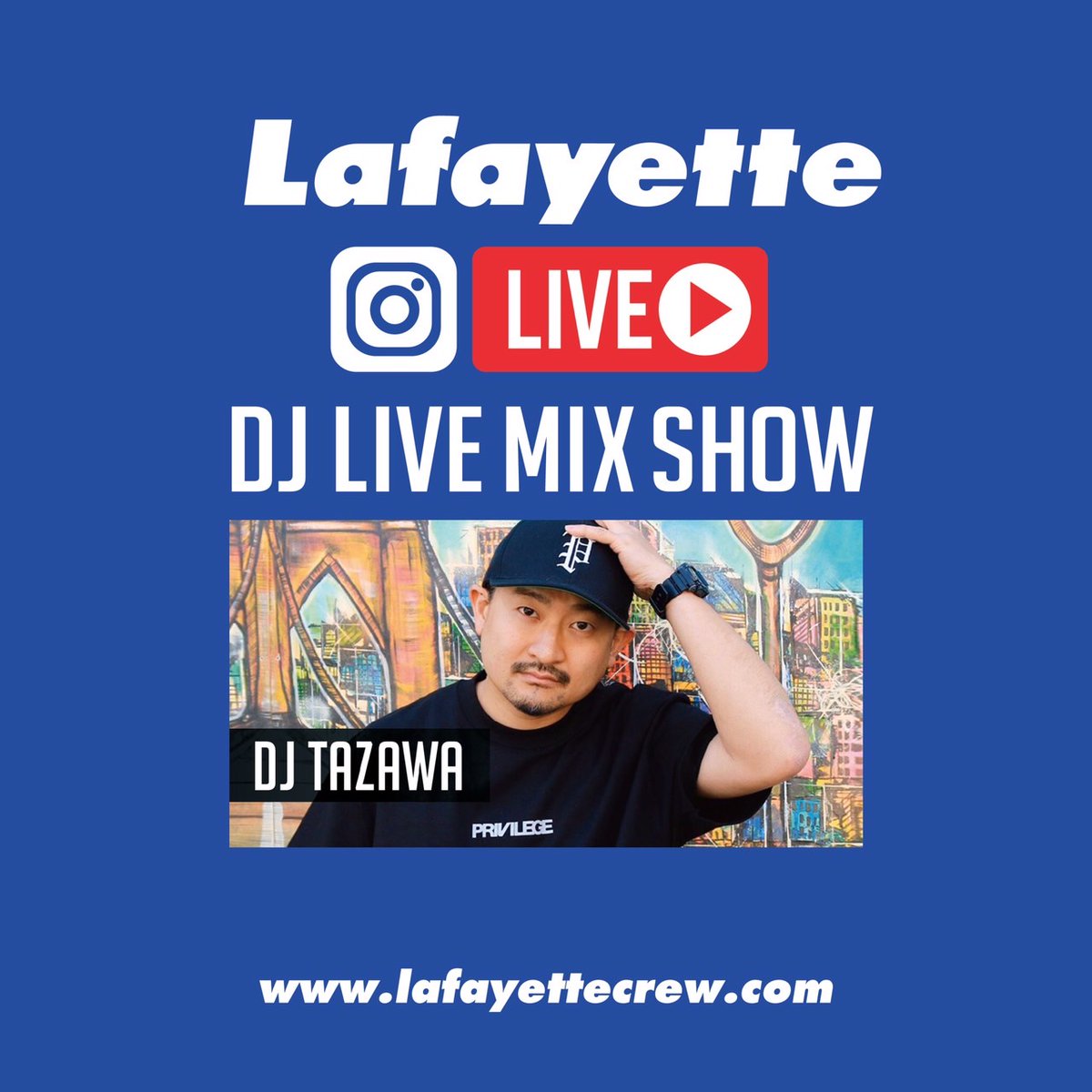lafayettecrew03's tweet photo. https://t.co/x40AZbwkYI
5/19(木) 21時〜 Lafayettecrew インスタアカウントで 
@djtazawa from @privilege__ngt によるDJプレイをライブ配信 
#lafayette #lfyt #lafayettecrew #おうち時間 #StayHome https://t.co/wTWA605crF