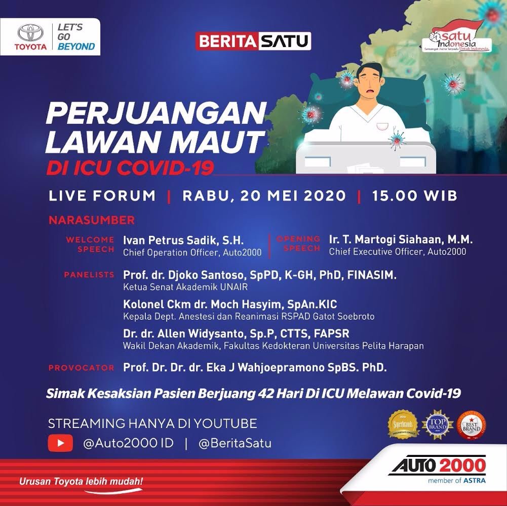 Beritasatu's tweet image. COVID-19 tidak bisa diremehkan. Kewaspadaan diri dan disiplin untuk etika hidup bersih dan sehat adalah kunci. 

Simak kesaksian perjuangan pasien selama 42 hari di ICU melawan COVID-19 dalam program LIVE FORUM BSMH x FK-UPH.

#LiveForum #BSMH #FKUPH #Auto2000 #AutoFamily #Ad