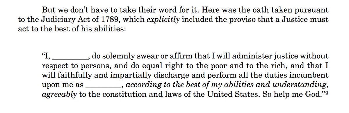 Their rebuttal to  @crgreen24601  @evanbernick: Oaths drafted by the 1st Congress:"I will faithfully & impartially...perform all the duties incumbent upon me, according to the *best of my abilities* & *understanding*, agreeably to the constitution"But wait. There's more. 2/