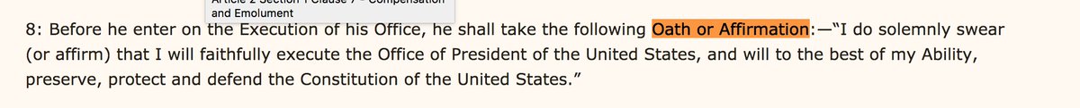 4/ Presidential Oath of "faithful execution," which  @andrewkent33 Ethan Leib & I have explored.A) "Oath or Affirmation"B) “I do solemnly swear (or affirm)" C) "good faith"D) "best of my Ability" We show it had legal significance, but not monistic objective orthodoxy.