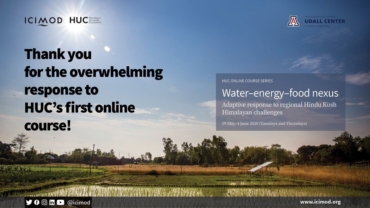icimod's tweet photo. Our HUC online course on water–energy–food nexus with U of Arizona’s @udallcenter starts today &amp; we're overwhelmed with positive responses! Among 500 applicants there are 25 participants &amp; 200 viewers.
For more: https://t.co/zIhIGByrj6
For updates: https://t.co/s2LyidA1ff https://t.co/9VJhLV3cE1