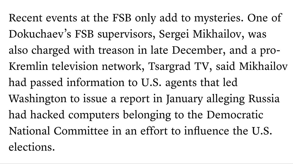 "Sergei Mikhailov is accused of working with the CIA""Two sources indicated he was a mole inside the FSB""He passed info to U.S. agents that led to a USIC report alleging Russia hacked the DNC""He may have been selling info for at least seven years" https://gosint.wordpress.com/2017/05/04/russia-fsb-colonel-sergey-mikhailov-the-spy-without-a-past/