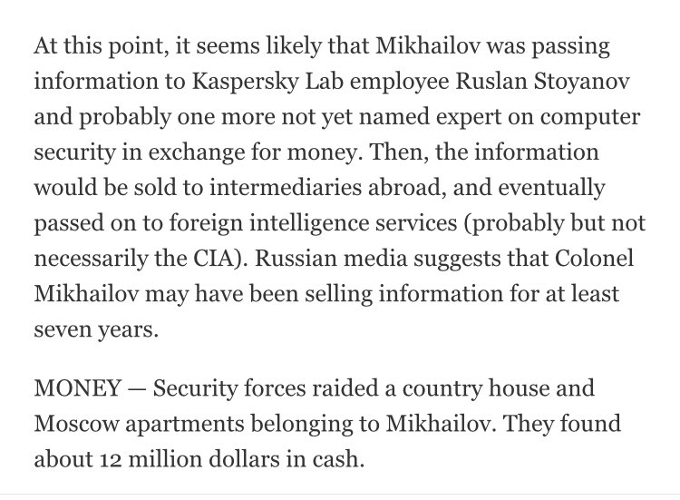 "Sergei Mikhailov is accused of working with the CIA""Two sources indicated he was a mole inside the FSB""He passed info to U.S. agents that led to a USIC report alleging Russia hacked the DNC""He may have been selling info for at least seven years" https://gosint.wordpress.com/2017/05/04/russia-fsb-colonel-sergey-mikhailov-the-spy-without-a-past/