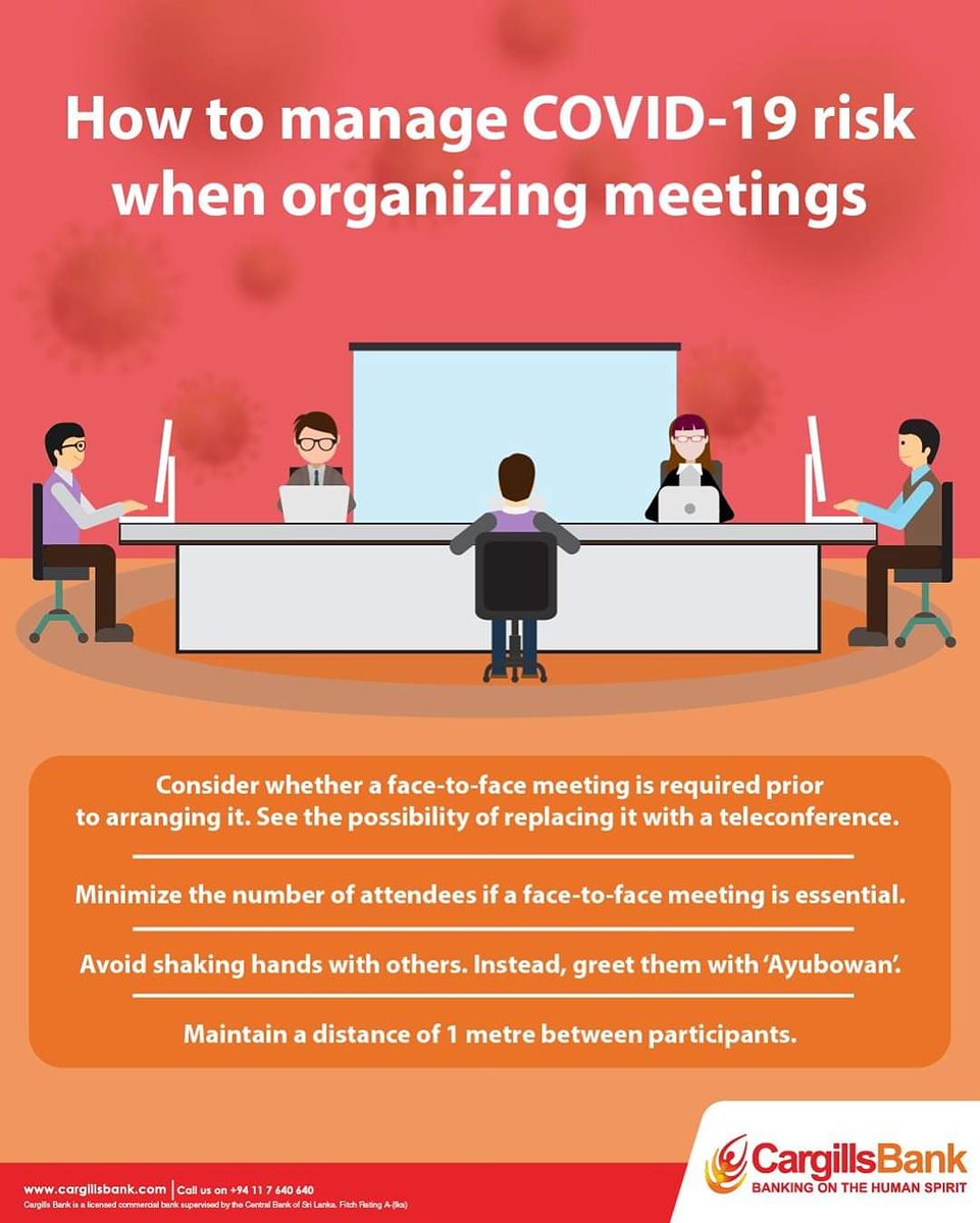 CargillsBank's tweet photo. Here are few things to consider when organizing meetings at your workplace. Simple precautions and planning can make a big difference to reduce any further risk of the virus spreading. https://t.co/wdOQK8YGAt