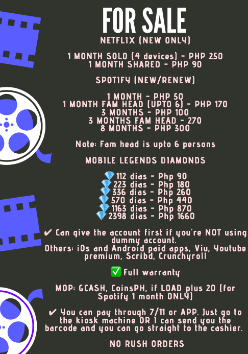 PremiumsPHL's tweet photo. FOR SALE

Netflix NEW 1mo
Solo - 250
Shared - 90

Spotify NEW or RENEW
1mo - 50
1mo fam head - 170
3mos - 100
3mos fam head - 270
8mos - 300

Others see pic.

MOP: Gcash &amp; LOAD (w additional) :D

#netflixph #spotifyph #netflixpremiumph #spotifypremiumph https://t.co/3qU3pNnKRC