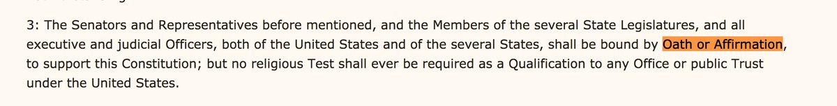 6/ But the constitutional text shows the lessons of that history:Toleration for religious dissenters.Art VI's Oath of Office clause:"Bound by Oath or Affirmation, to support this Constitution; but no religious Test shall ever be required as a Qualification to any Office"