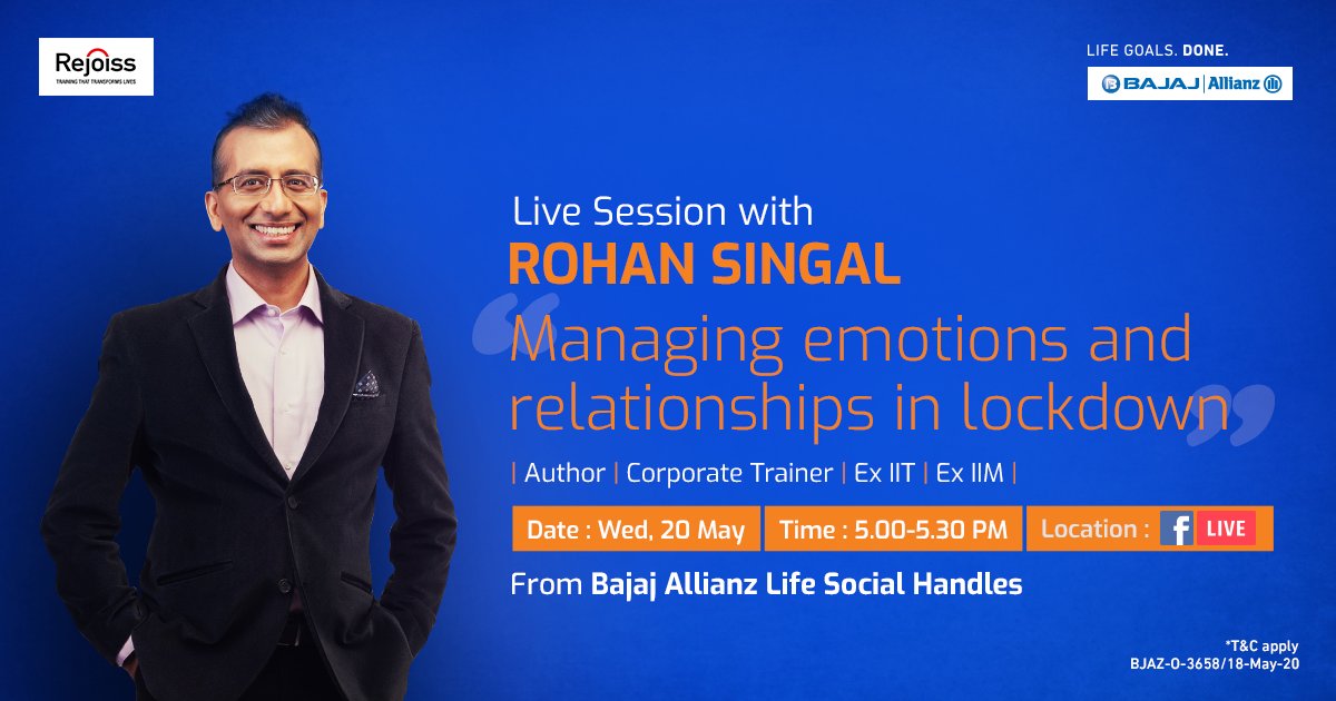 bajajlife_in's tweet photo. .@RohanSingal is a corporate trainer with over 27 years of industry experience. He helps #teamleaders convert conflict into #collaboration. Join @BajajAllianzLIC's #FBlive session at 5pm this #Wednesday, where he will discuss managing emotions and relationships in the #lockdown. https://t.co/ROabgJG0ia