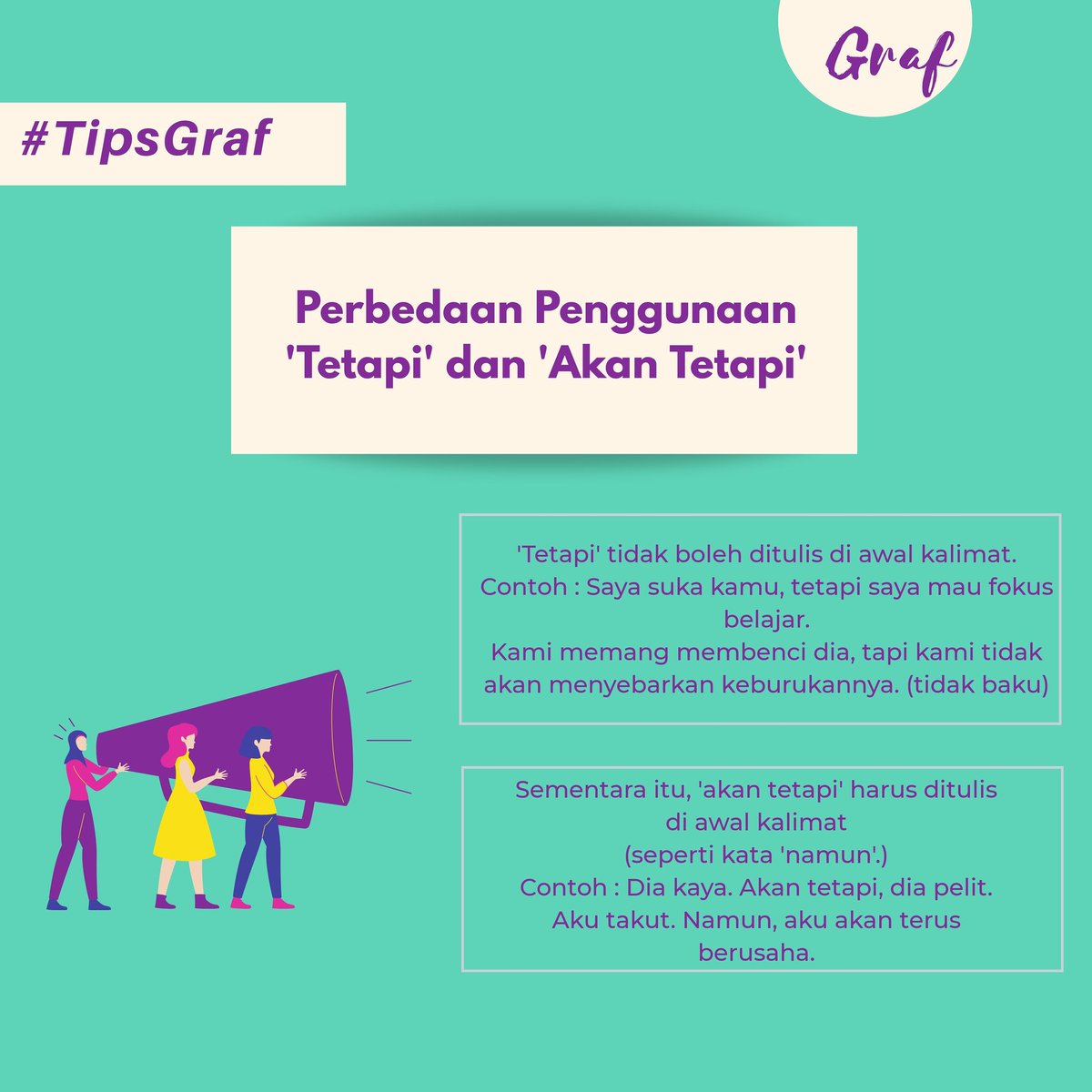 graflit_id's tweet photo. 'Akan tetapi' dan 'tetapi' itu beda ya? Kenali perbedaannya di sini ya. #TipsGraf https://t.co/e43W0rq8bb