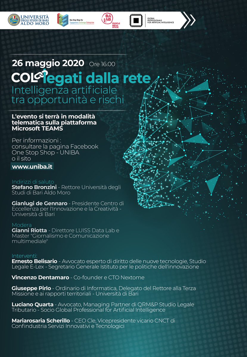 Luci ed ombre della tecnologia che sta rivoluzionando il mondo; opportunità e rischi dell'intelligenza artificiale nel contrasto al Covid-19. Tracciamento delle persone, data privacy, smart city e tanti altri aspetti cruciali saranno affrontati da esperti di vari settori.