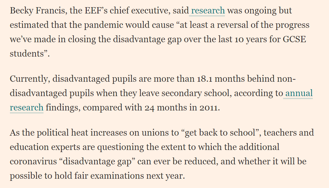 First the 'attainment gap' itself which  @EducEndowFoundn  @BeckyFrancis7 estimates will give up gains of last decade...it was always there, but most disadvantaged least able to cope with overnight move to distance learning hit hardest. /2