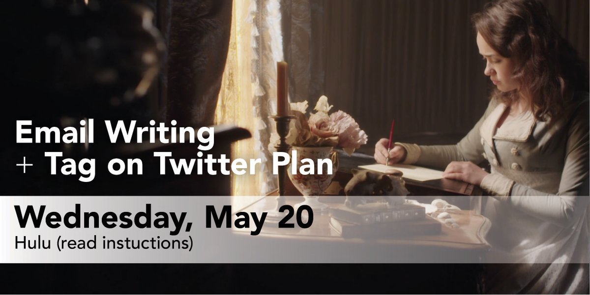 EMAIL WRITING & TAGGING PLANWe target networks every Wednesday  20th May  Hulu1) Brian Henderson | brian.henderson@hulu.com2) Craig Erwich | craig.erwich@hulu.comSee Instructions & Email Template: http://dl.orangedox.com/hwzTp4cLjzWwziMrGQ  #Sanditon  #SaveSanditon  #SanditonPBS1/4