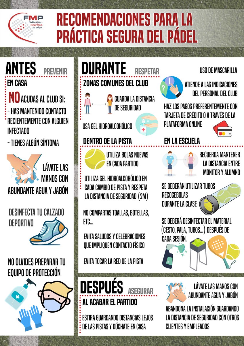 Recomendaciones generales para la práctica segura del pádel para cuando pueda retomarse la actividad.