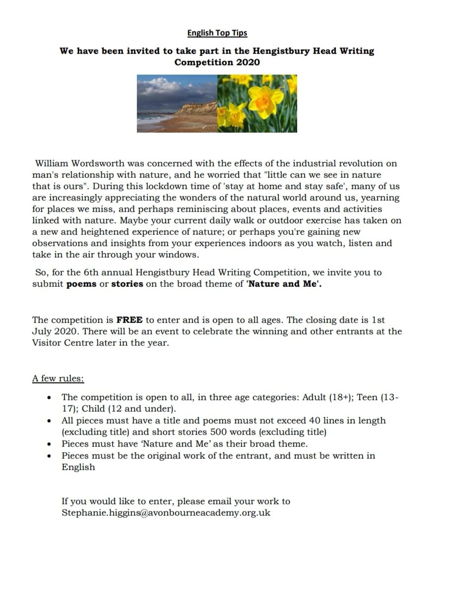 Hengistbury Head Writing Competition 2020 details here: