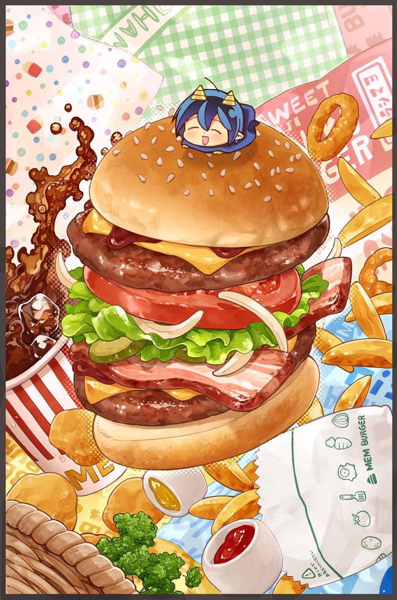 burger food 1girl blue hair french fries horns cup  illustration images