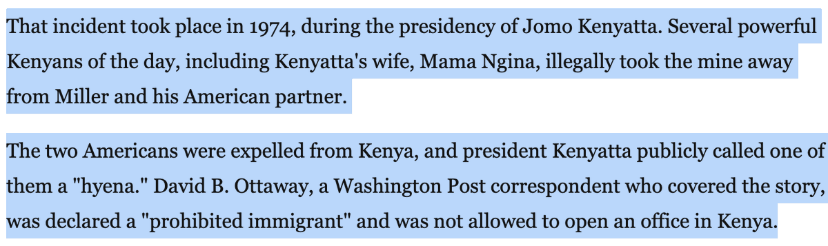 4/On the ruby mines angle, the Washington Post in 1987 had the story of a 1974 grand ripoff involving the first lady and two American miners, John Saul and Eliot White Miller, working ruby mines in Tsavo West https://www.washingtonpost.com/archive/politics/1987/03/05/ruby-rip-off-part-ii/c91e3c47-4d8c-4454-8d31-4b8f855d9be0/