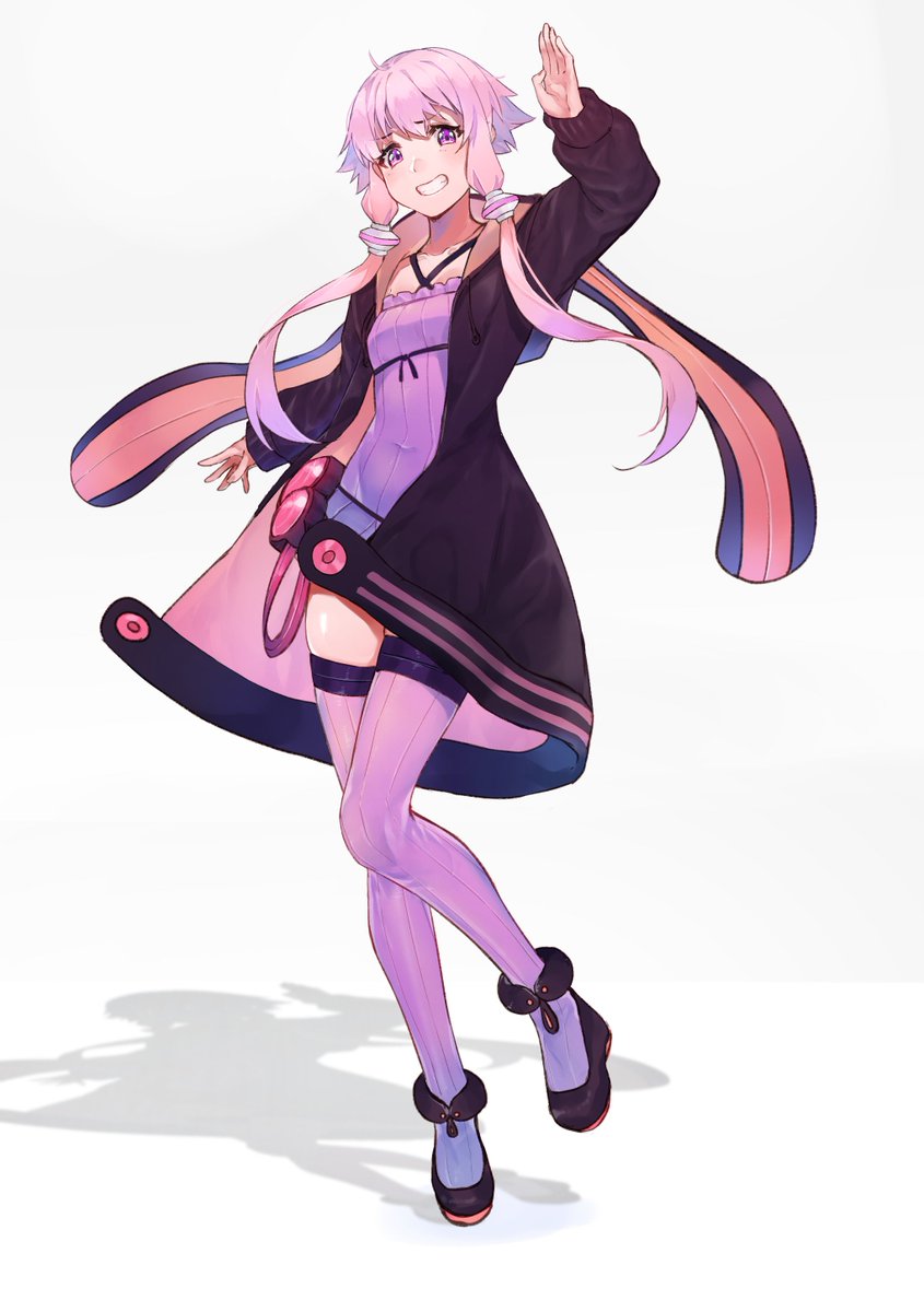 yuzuki yukari 1girl solo dress thighhighs smile purple thighhighs short hair with long locks  illustration images