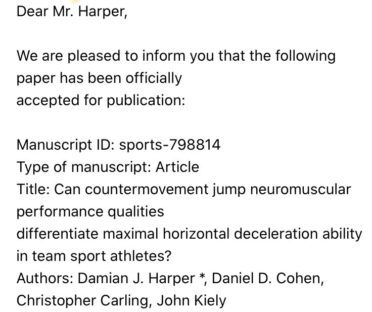 Great to recieve notification this morning that latest paper has been accepted for publication in <a href="/Sports_MDPI/">Sports</a> #CMJ #Deceleration 

Thanks to co-authors @danielcohen1971 <a href="/carling_chris/">Chris C</a> <a href="/simplysportssci/">john kiely</a>