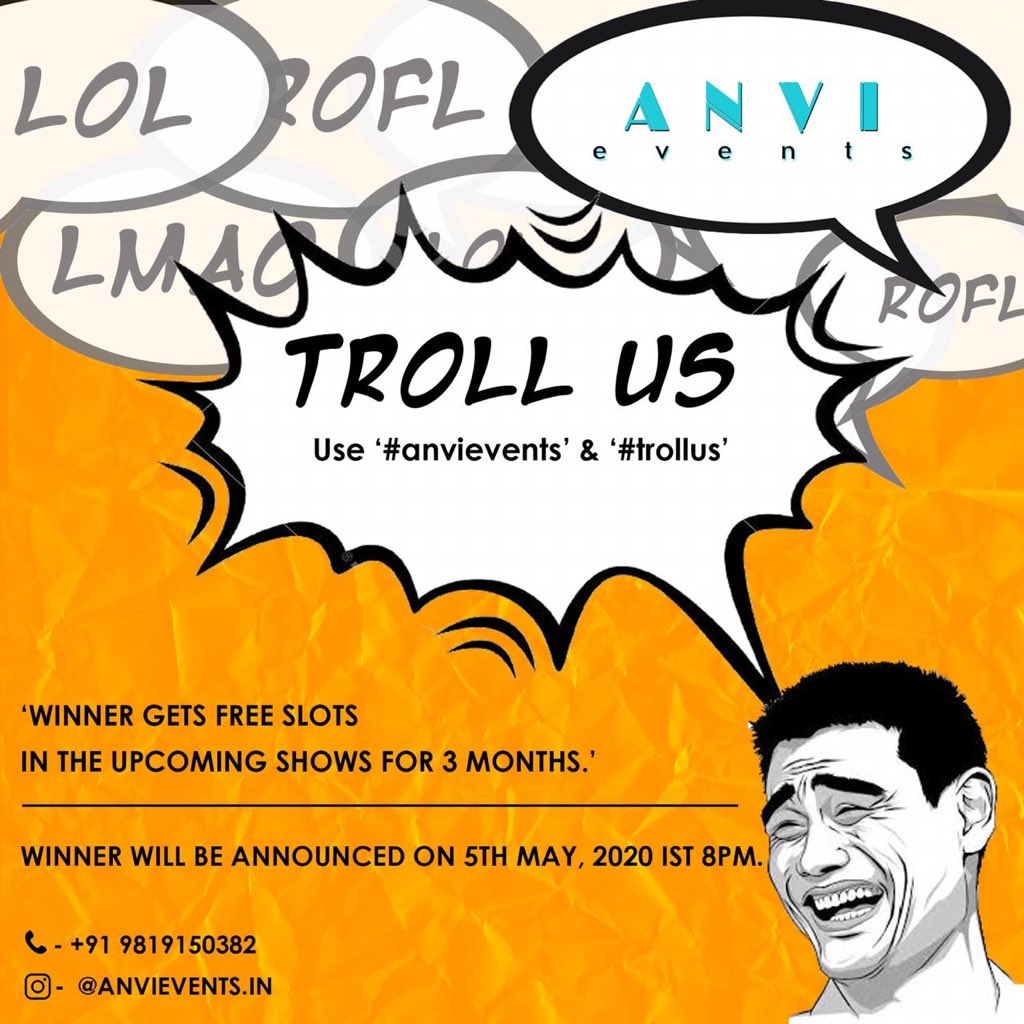 AnviEvents's tweet photo. Our second #contest was to challenge the #creativity of our #comics!
We love to see their skills. โก๏ธ
#encourage #troll #meme #creativity #comedians #openmicers #anvievents #trendingnow https://t.co/92yYilrFQP