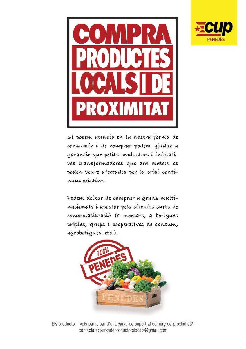 Amb el nostre consum podem posar en escac la indústria agroalimentària global i caminar cap a la sobirania alimentaria. Deixem de comprar a multinacionals, donem suport a petits productors i a iniciatives transformadores!

Compra productes locals! #CompraProductesDeProximitat