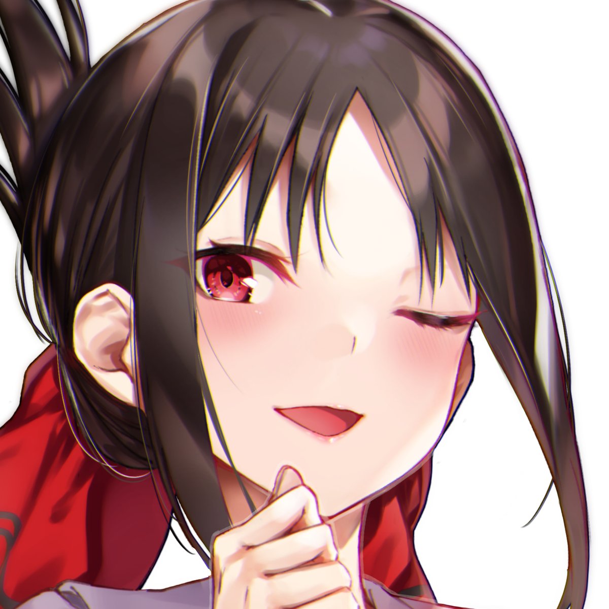 shinomiya kaguya 1girl solo one eye closed red eyes smile folded ponytail open mouth  illustration images