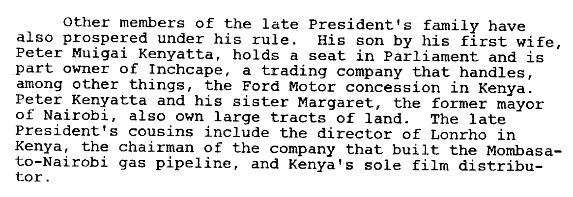9/And there's moreOne of the companies owned by a member of the The House was Inchcape, owned by Peter Muigai Kenyatta and which held the Ford concession in Kenya.Not sure if it's the same Inchcape that now owns the BMW franchise in Kenya https://www.businessdailyafrica.com/corporate/companies/Dealer-showroom-for-BMW-in-Nairobi/4003102-5033044-48w9oi/index.html