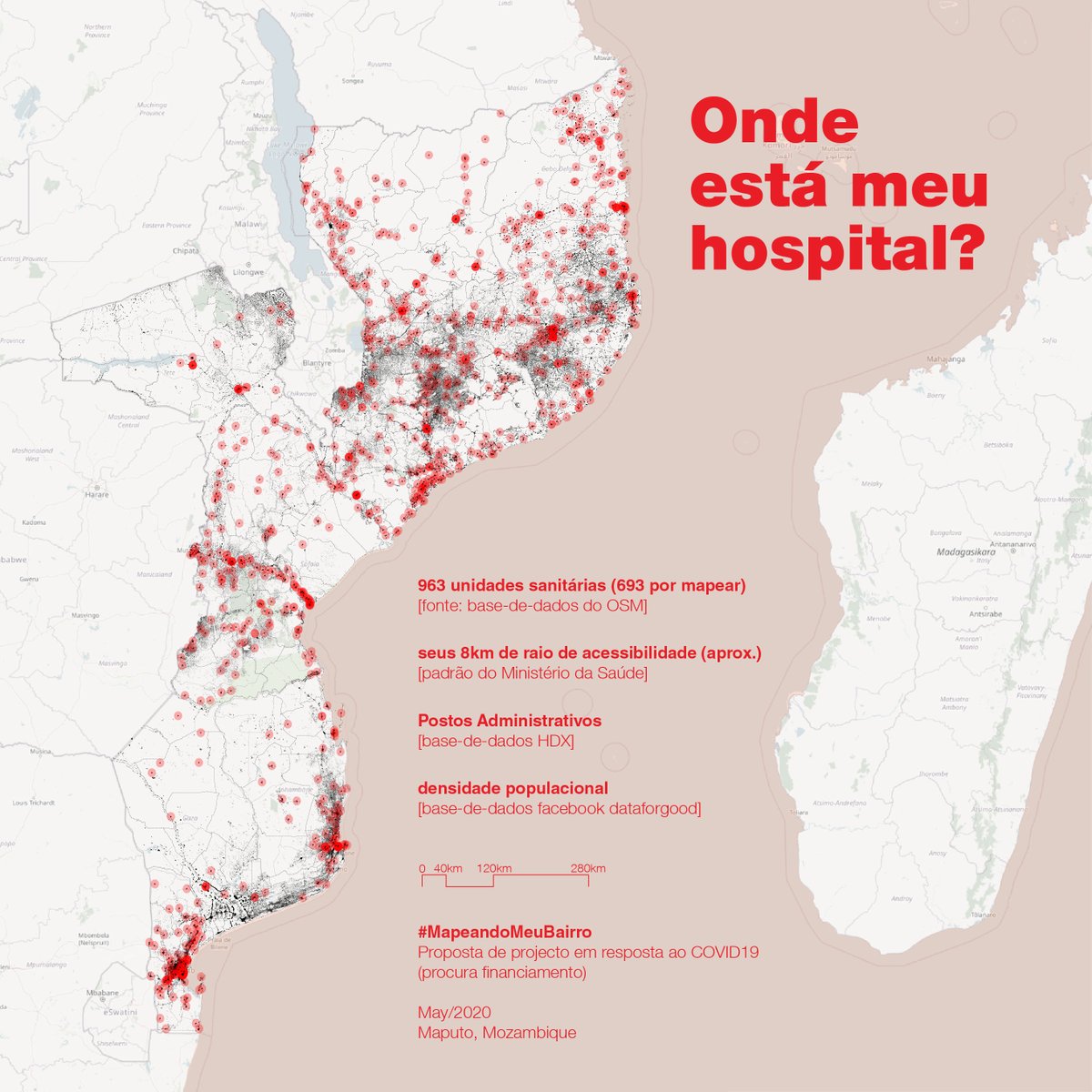MapMeuBairro's tweet photo. 1/3
Queremos ajudar o Ministério da Saúde a criar um “Modelo geográfico interactivo” que em 1ª fase irá indicar as áreas de Moçambique onde as pessoas vivem mais longe de um Posto de Saúde. Para pacientes, médicos e planificadores às vezes é difícil saber: #OndeEstáMeuHospital? https://t.co/YmnvFH8xNj