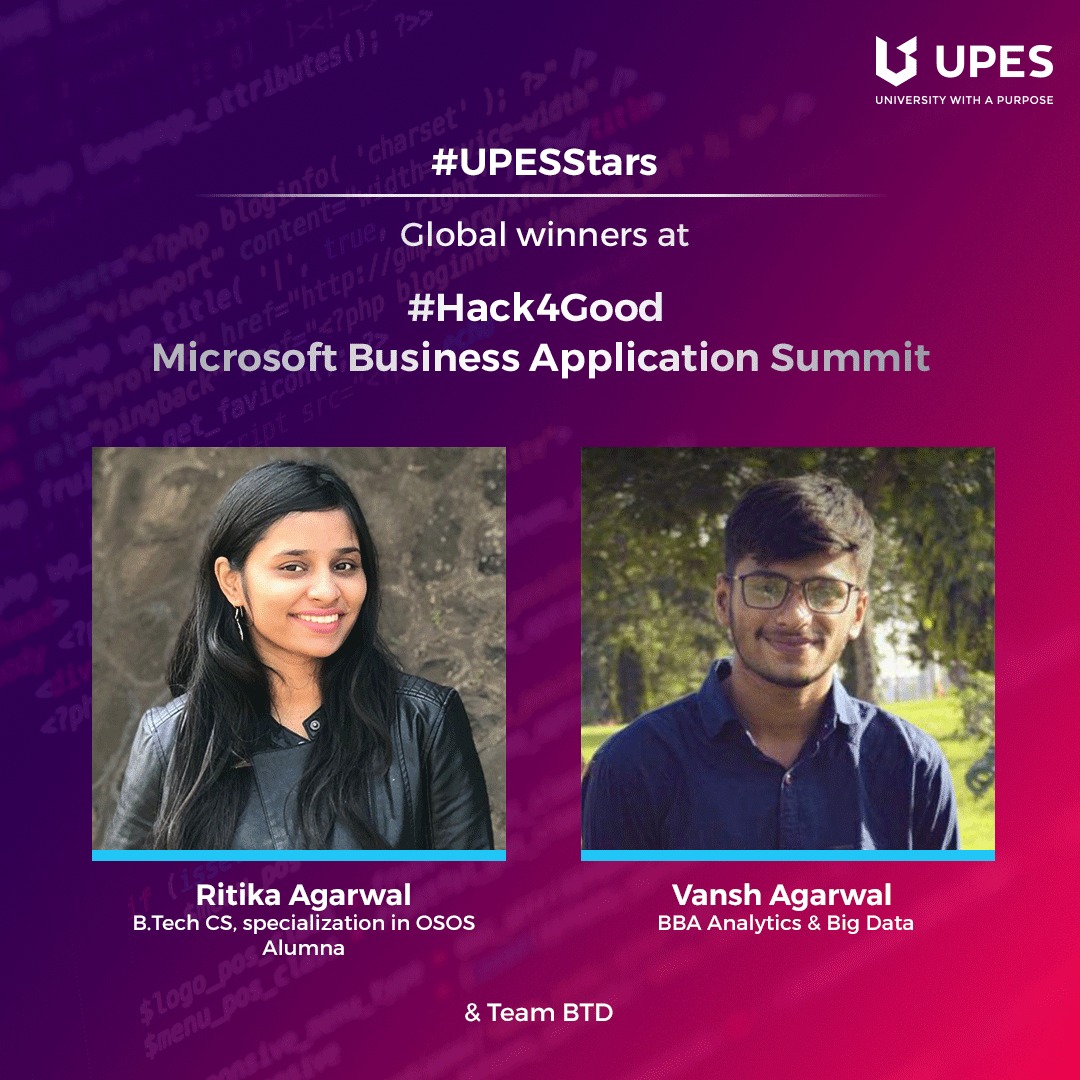 UPESDehradun's tweet photo. Kudos to Vansh Agarwal (BBA Analytics & Big Data), alumna Ritika Agarwal (https://t.co/4UyM8nmWWn CS, OSOS) & team on winning #Hack4GoodMBAS hackathon! They developed a centralized donation solution for hassle-free donations in such critical times.
#UPESStars #LearningNeverStops https://t.co/hbqkOzT6VH