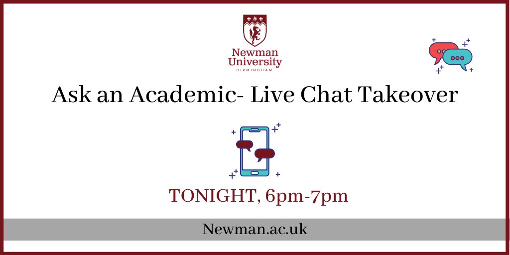 LiveChat Takeover this evening!

Are you considering starting university this September but have yet to make an application?

Join Heads of Subject at #NewmanUniversity on LiveChat on the Newman website this evening between 6pm-7pm.

Register: ow.ly/aYko50zITPx

#MyNewUni