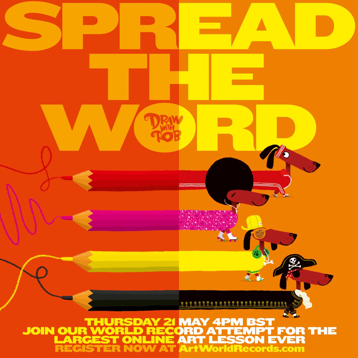 Pencil at the ready! World's largest ever online art lesson is almost here. Join <a href="/RobBiddulph/">Rob Biddulph</a> from #DrawWithRob in his record-breaking attempt. Free to join. The lesson will take place online on the 21st May at 4:00-4:30pm. Register at artworldrecords.com