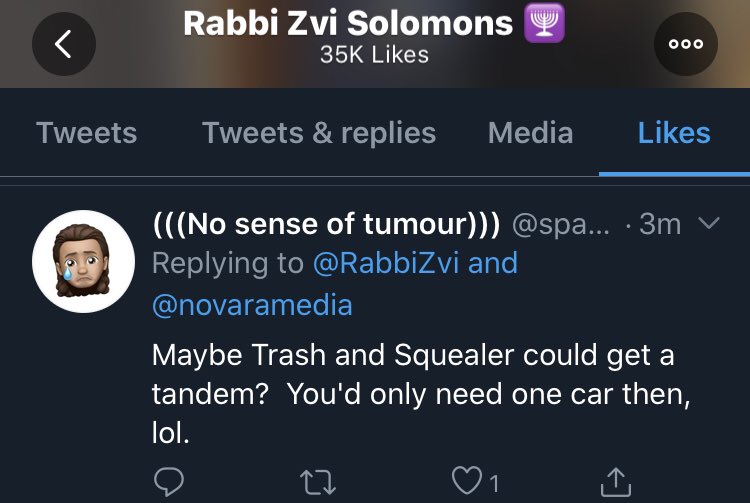 Ok, this is beyond the pale. Rabbi Zvi now liking tweets suggesting I should be deliberately run over with a car.  @JCoBerkshire, does this reflect the values of your synagogue?