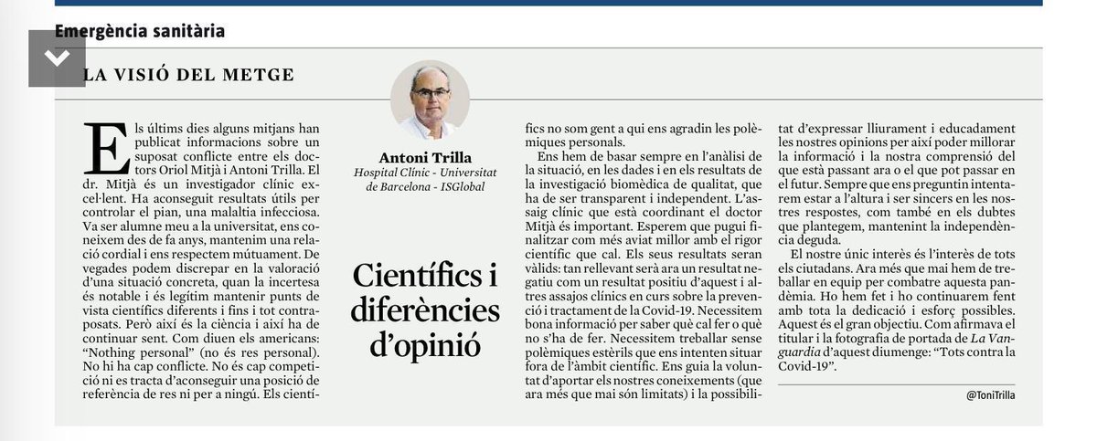 oriolmitja's tweet photo. Mi agradecimiento a @ToniTrilla por su apoyo en momentos difíciles:

"Necesitamos trabajar sin polémicas estériles que intentan situarnos fuera del ámbito científico. Nos guía la voluntad de aportar conocimientos y expresar libre y educadamente opiniones" https://t.co/6dLtAUA6bY https://t.co/JWuJuO9Nym