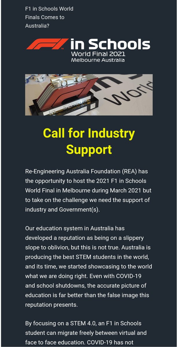 BREAKING: Australian competition organisers put out a call for support to host 2020 F1 in Schools World Finals in Melbourne in March 2021

#STEM #F1inSchools