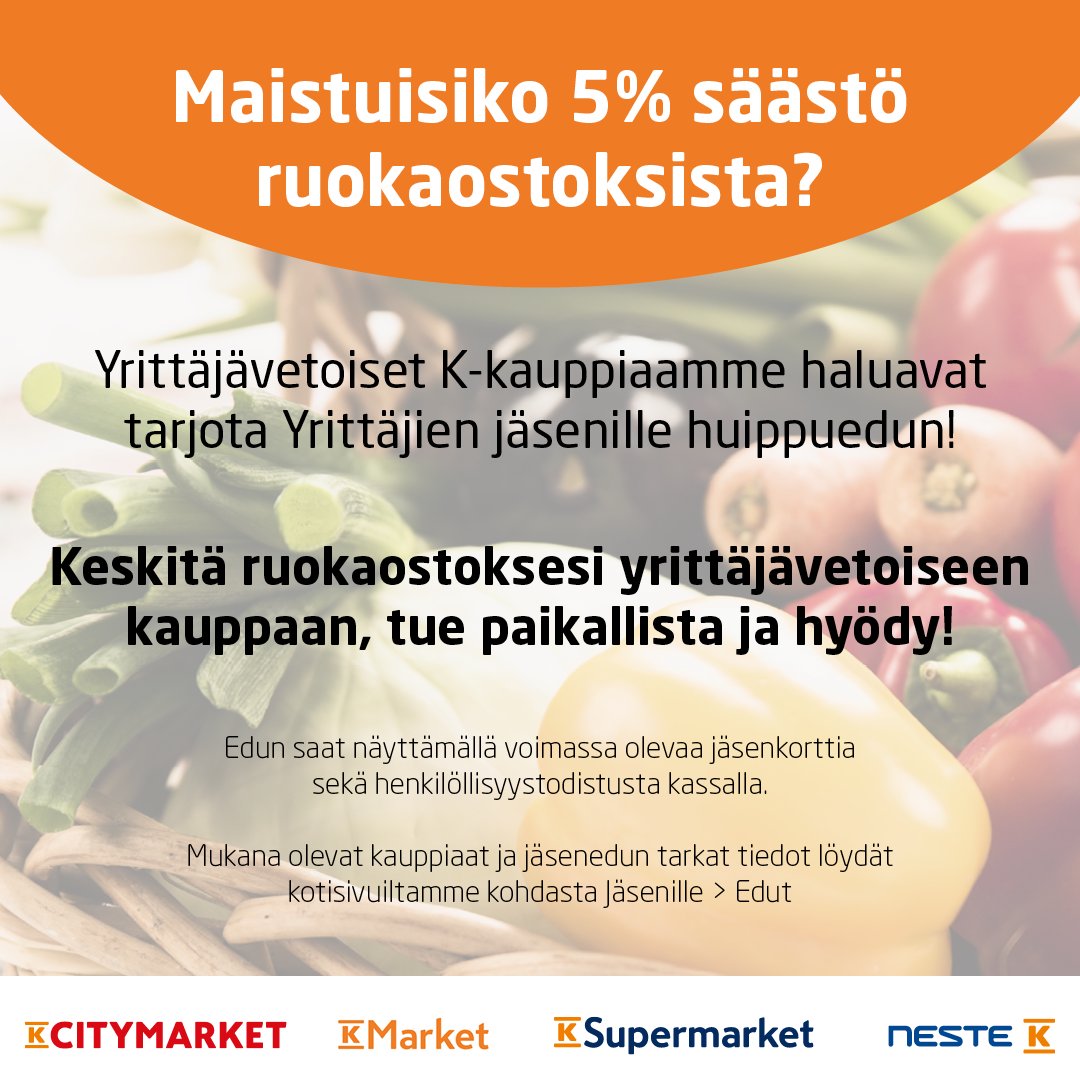 Uusi jäsenetumme #yrittäjät!

K-kauppiaamme haluavat tarjota <a href="/EKyrittajat/">E-K Yrittäjät</a> jäsenille huippuedun;
Keskitä ruokaostoksesi yrittäjävetoiseen kauppaan, tue paikallista ja hyödy!
Eteläkarjalaisista #kmarket #ksupermarket #kcitymarket kaupoista 5% jäsenetu elintarvikkeista