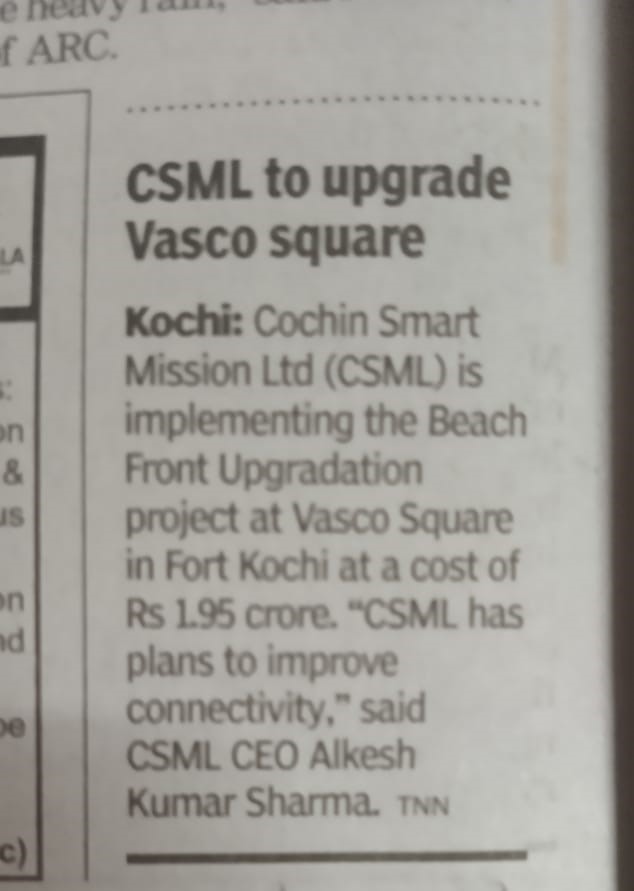 CSML__'s tweet photo. "To enrich & flourish the tourism potential in Fort Kochi, CSML is implementing the Beach Front Upgradation at Vasco Square in Fort Kochi with a project cost of Rs. 1.95 crore. CSML has plans to improve connectivity said @alkesh12sharma , CEO, CSML".
#beautificationwork
#Tourism https://t.co/A99A5LYNmm